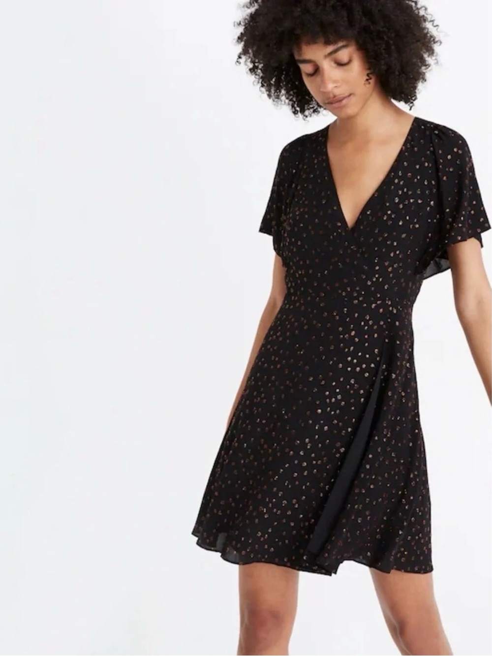 Flutter Sleeve V-Neck Black Dress with bronze dots